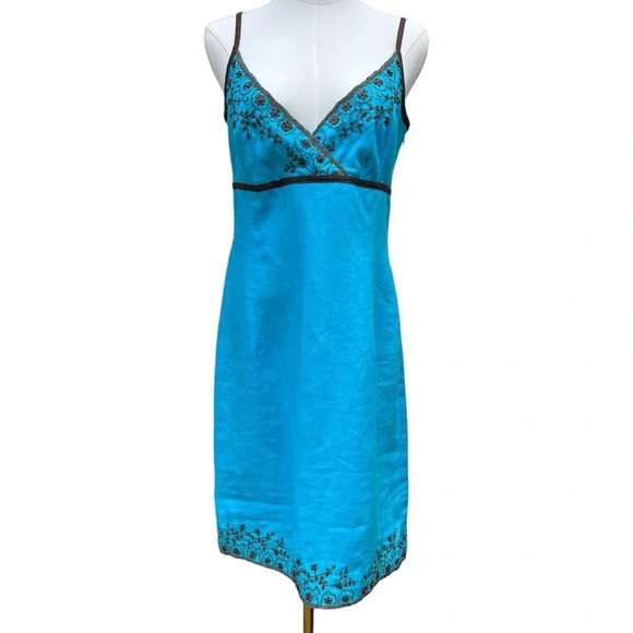 Donna Morgan NWT Blue Linen Beaded Midi  Dress Size 12 - Picture 1 of 15